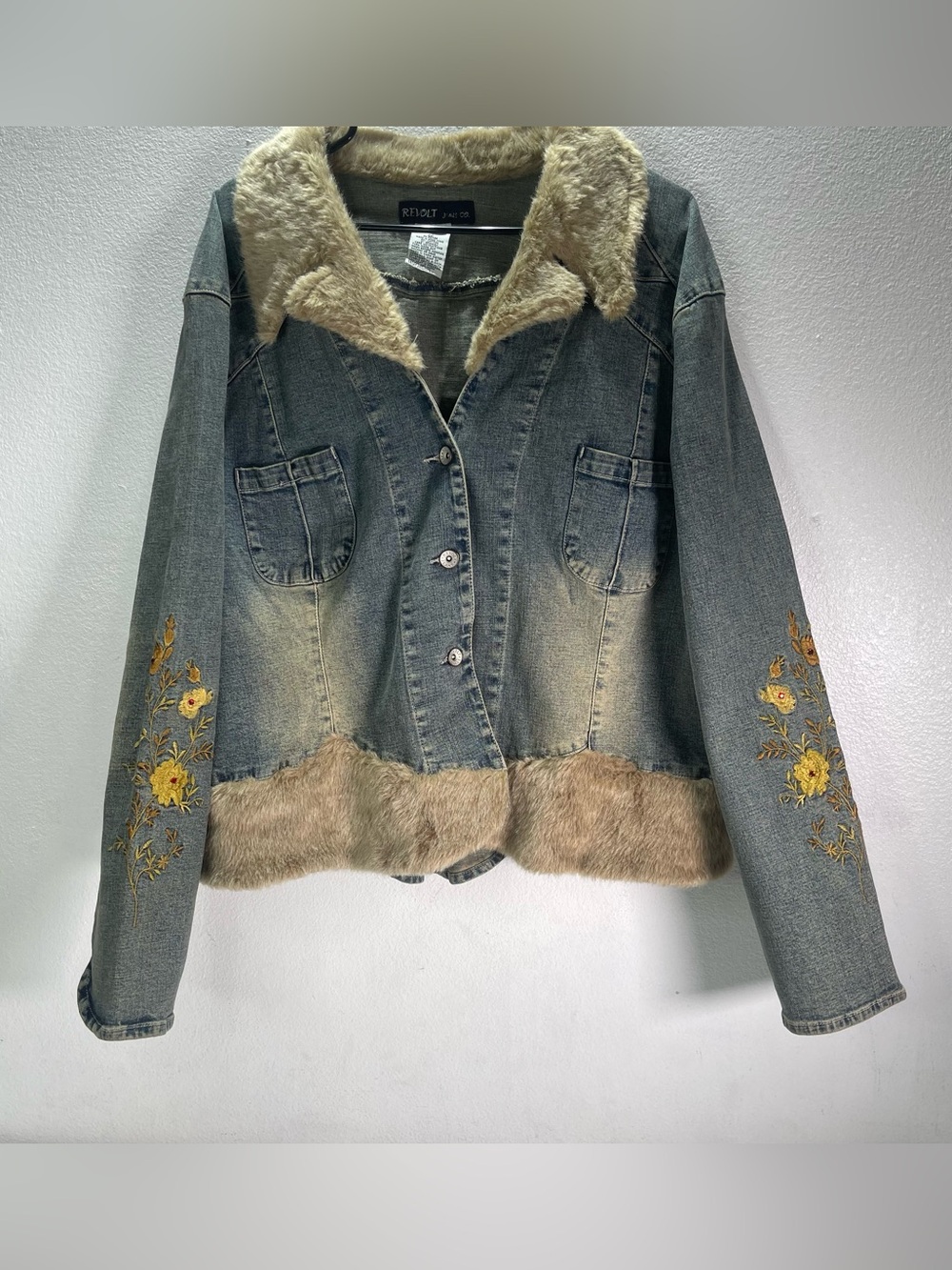 Vtg Y2K Revolt Jeans Denim Jacket Faux Fur Lined Floral Embroidered Wmn 22 Boho